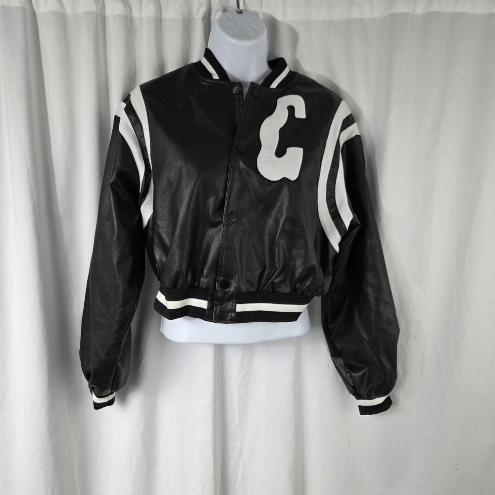 SHEIN Jacket Womens Large Black Faux Leather Varsity C Patch Cropped Snap Front